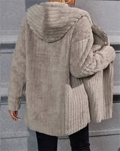 Rear detail view of a soft vertical striped polar fleece hooded jacket in taupe grey color