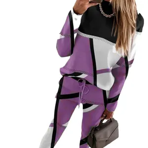 Women's casual two-piece set with purple geometric color-block pattern and drawstring