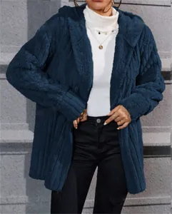 Detail view of the warm navy blue fleece jacket with textured vertical ribbing.