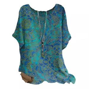 Women's loose round neck short sleeve blouse with blue green bohemian mandala pattern