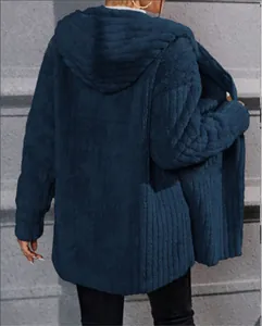 Back view of a navy blue hooded polar fleece jacket showing textured vertical stripes.