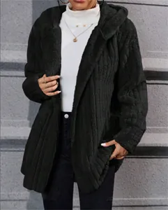 Detail view of women's warm black arctic velvet hooded jacket with vertical stripes