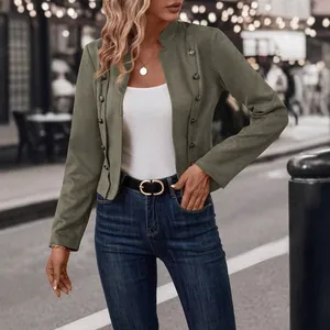 Chaqueta elegante de ante sintético verde oliva con doble botonadura para mujer moderna