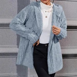 Women's Vertical Stripe Wool Blend Polar Fleece Hooded Jacket Winter Warm Loose Mid-Length Open Front Cardigan Jacket Coat
