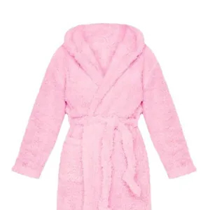 Cozy soft pink fuzzy hooded bathrobe featuring an adjustable waist tie and long sleeves