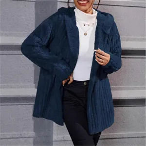 Stylish warm dark blue polar fleece hooded jacket featuring vertical cable texture