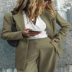 Elegant olive green women's blazer and trouser suit set for office and daily fashion.
