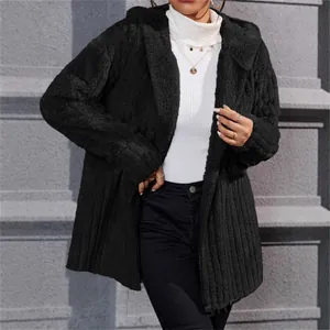 Cozy black hooded polar fleece jacket with vertical stripes for autumn and winter