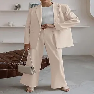 Elegant cream beige women's professional blazer and wide-leg trousers suit set