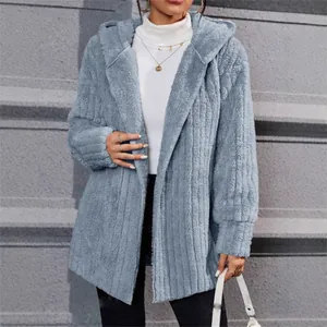 Stylish light blue polar fleece hooded jacket with vertical stripes for winter warmth