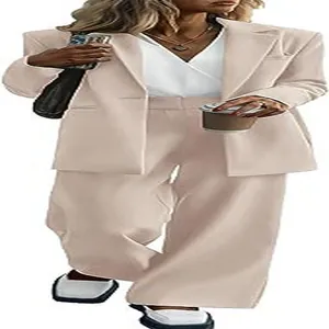 Elegant beige professional two-piece suit set for women with blazer and wide-leg pants