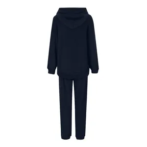Rear view of women's navy blue plush fleece hooded sweatshirt and jogger pants set