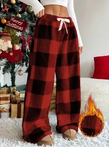 Warm red and black buffalo plaid fuzzy lounge pants with drawstring for winter