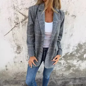 Women Vintage Houndstooth Blazer Casual Lapel Long Sleeve Plaid Top Suit Jacket Outerwear With Pockets For Autumn Winter