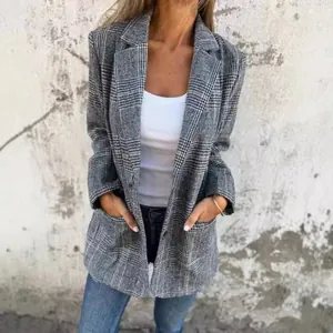 Elegant women's retro plaid lapel blazer jacket for casual autumn and winter fashion style