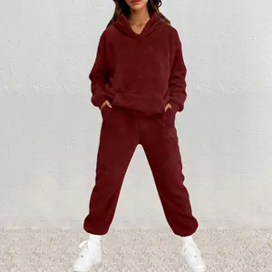 Cozy maroon fleece hoodie and jogger pants set for women's autumn winter leisure wear