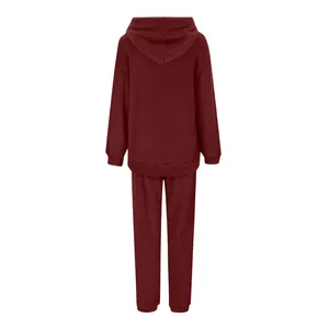 Detailed back view of a burgundy plush hooded sweatshirt and pants lounge set for winter