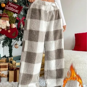 Cozy brown and white plaid fleece pajama pants for winter with warm thickened material