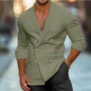 Detail of olive green double-breasted linen shirt with shawl collar and wooden buttons