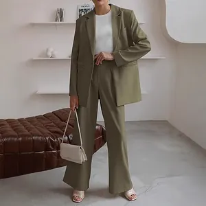 Olive green two-piece professional suit with blazer and wide-leg trousers for women