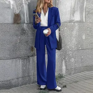 Elegant deep blue two-piece blazer suit with wide-leg trousers for professional women