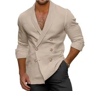 Detail showing the linen texture and double-breasted design of khaki men's blazer jacket
