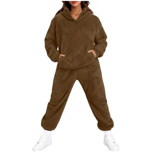 Detailed view showing the soft plush fabric texture on this brown two-piece lounge set