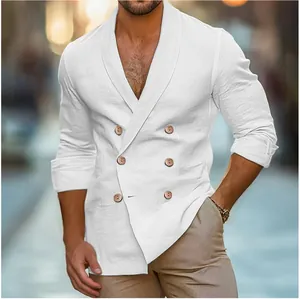 Close-up of white cotton linen double-breasted blazer with wooden buttons