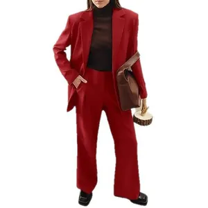 Women's chic red two-piece suit set featuring blazer and trousers for fashion office wear