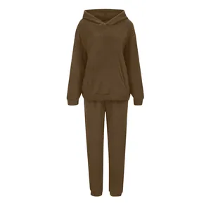Cozy brown fleece two-piece lounge set with hooded sweatshirt and matching pants