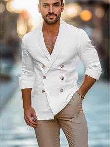 Men's white double-breasted linen shirt blazer with long sleeves for casual wear
