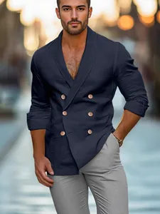 Men's stylish double-breasted navy blue cotton linen shirt jacket with long sleeves