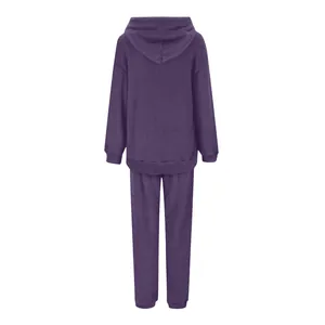 Detailed back view of a cozy purple fleece loungewear set with hooded sweatshirt and pants.
