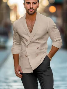 Stylish men's casual cotton linen double-breasted blazer jacket in beige color