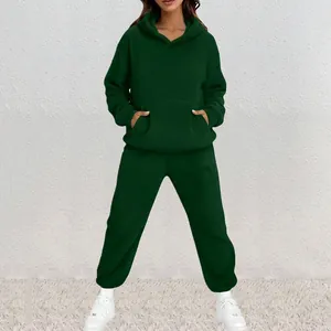 Detail view of the cozy dark green fleece hoodie and sweatpants tracksuit set for women