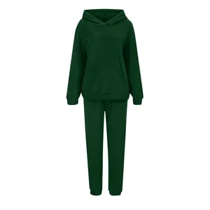 Cozy dark green fuzzy fleece hoodie and sweatpants matching lounge set for women