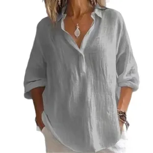 Detail view of a loose-fitting grey linen V-neck shirt for women's daily casual wear