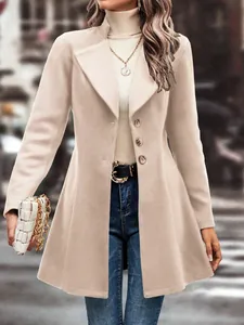 Detailed view of a slim-fit beige wool coat with lapels for women's autumn style