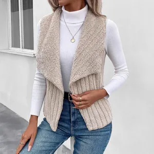 Fashionable women's beige faux shearling and corduroy patchwork sleeveless vest jacket for autumn