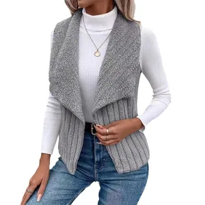 Stylish women's grey sleeveless sherpa vest, elegant casual autumn winter waistcoat