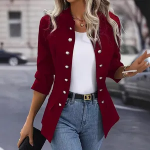 Elegant burgundy double-breasted stand collar blazer jacket for women styled with jeans