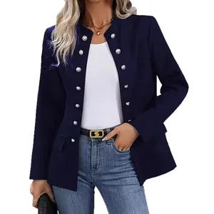 Elegant navy blue double-breasted stand collar blazer for women, perfect for winter fashion