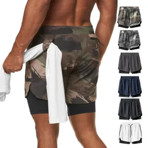 Double-layer athletic shorts for men with towel loop in camouflage and solid colors