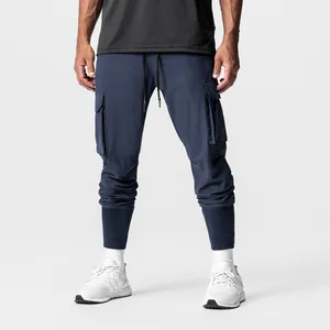 Men's navy blue ice silk cargo joggers with multi-pockets for fitness and casual wear