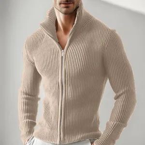 Cardigan da uomo in maglia a coste color cachi con zip e collo alto alla coreana