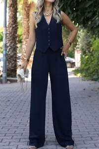 Navy blue V-neck sleeveless vest and wide-leg trousers suit set for women street style
