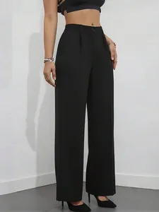 Eleganti pantaloni neri a vita alta con gamba dritta per donna con finitura drappeggiata