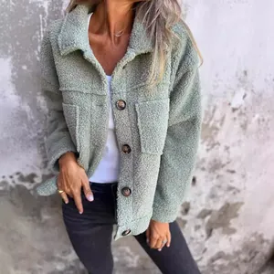 Cozy sage green button-up teddy fleece jacket with lapels for women's winter wear
