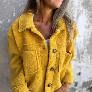 Yellow sherpa fleece jacket with collar and single-breasted buttons for autumn winter