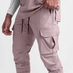 Close-up detail of mauve cargo pocket on men's lightweight fitness jogger pants